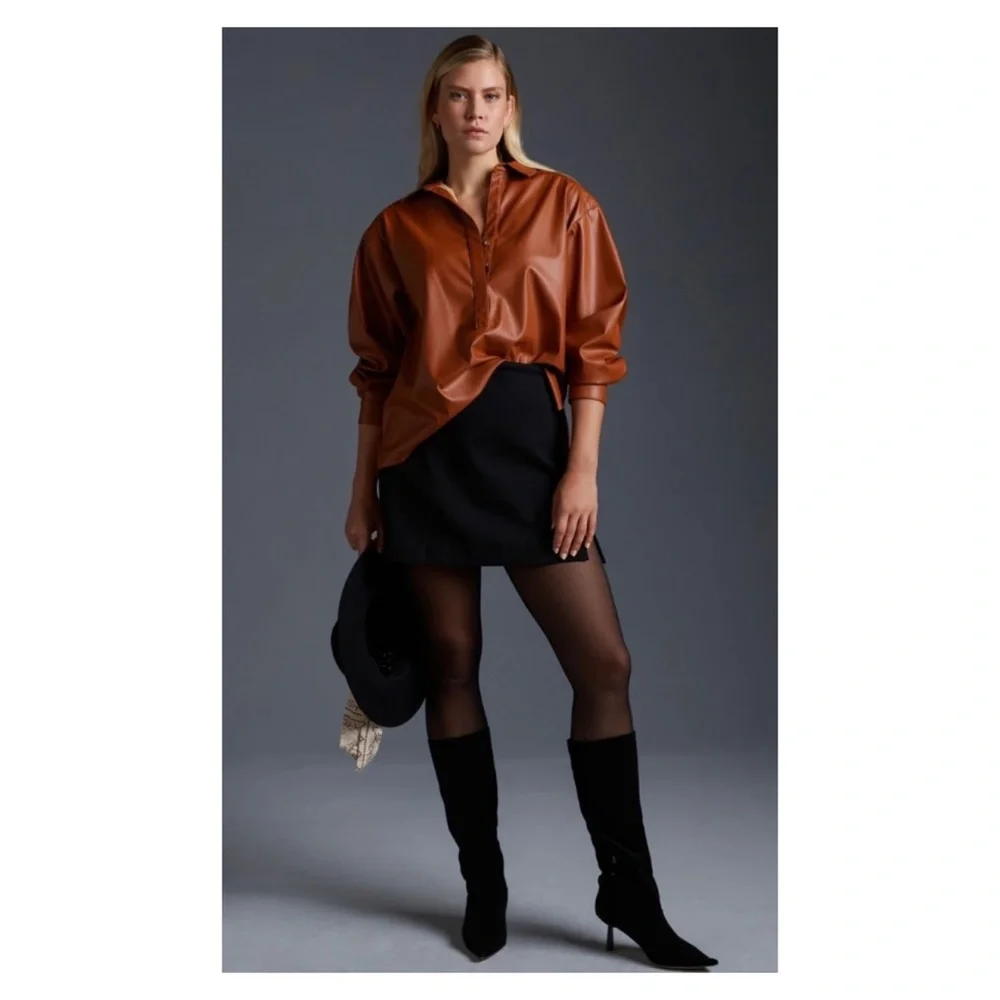 NWOT Anthropologie Faux Leather Shirt in Cedar  Size 1X - Picture 4 of 8